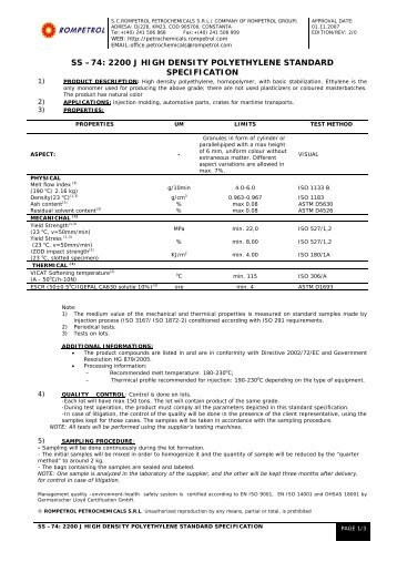 ss â€“74: 2200 j high density polyethylene standard specification