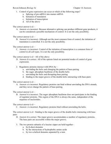 Raven/Johnson Biology 8e Chapter 16 Answers 1. Control of gene ...