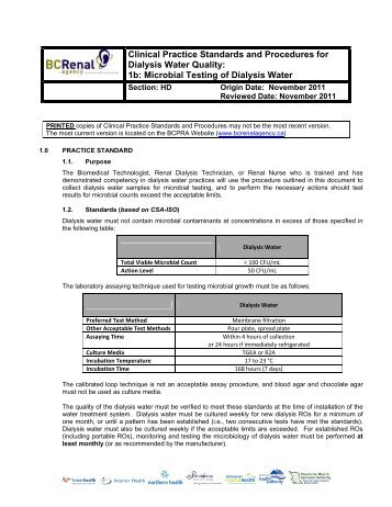 Microbial Testing of Dialysis Water - BC Renal Agency