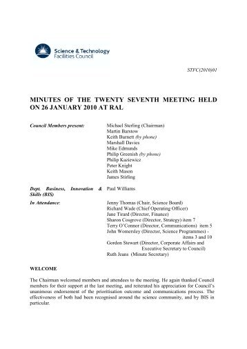 minutes of the twenty seventh meeting held on 26 january 2010 at ral