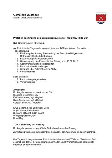 Protokoll Sozialausschuss 2009-07-13 - Gemeinde Quarnbek