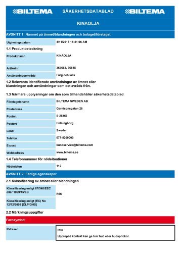 SÃKERHETSDATABLAD KINAOLJA - Biltema