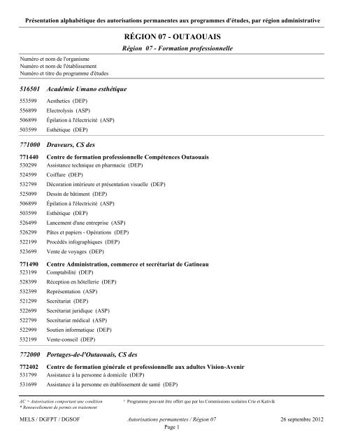 Les programmes de formation professionnelle et ... - Inforoute FPT