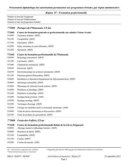 Les programmes de formation professionnelle et ... - Inforoute FPT