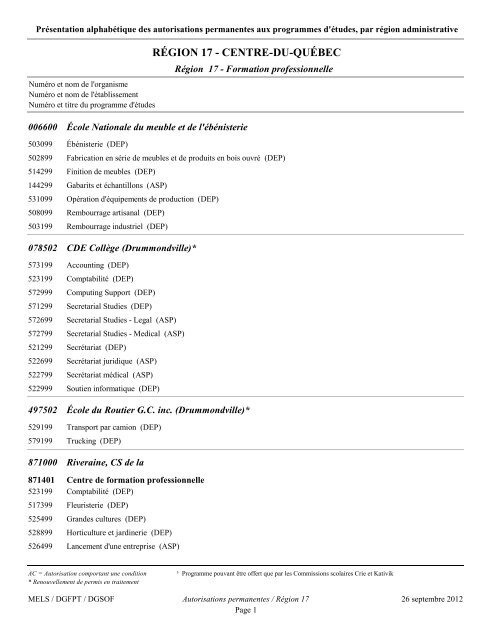 Les programmes de formation professionnelle et ... - Inforoute FPT