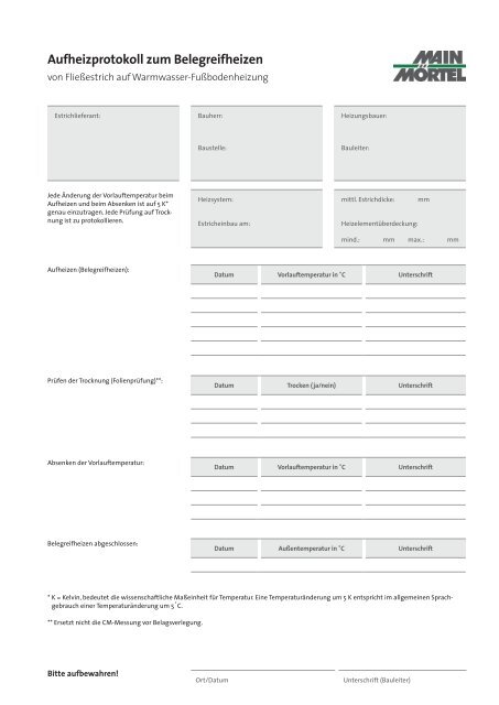 Aufheizprotokoll zum Belegreifheizen