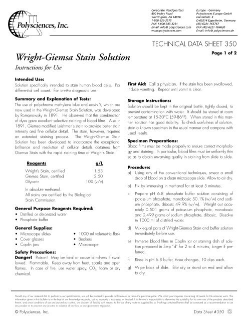 Data Sheet #350: Wright-Giemsa Stain Solution - Polysciences, Inc.