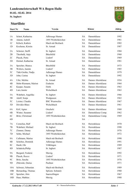 Starterliste 3 zur LM Bogen Halle 2014