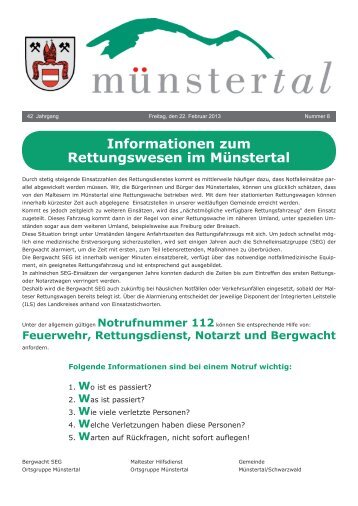 Informationen zum Rettungswesen im Münstertal