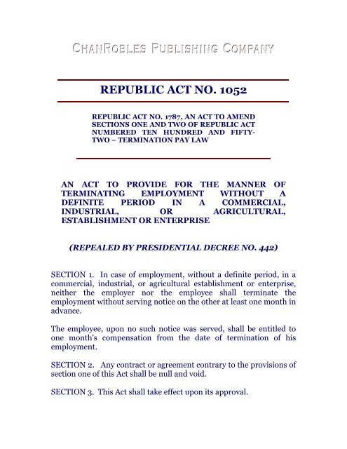 REPUBLIC ACT NO. 1052 - Chan Robles and Associates Law Firm