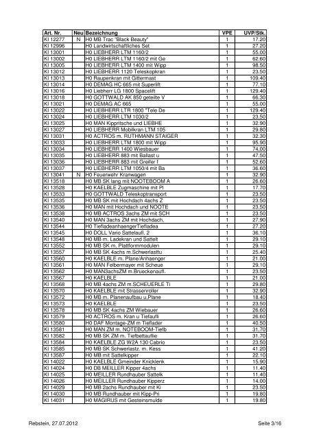 Kibri Verkaufspreisliste August 2012 - auf kml-log