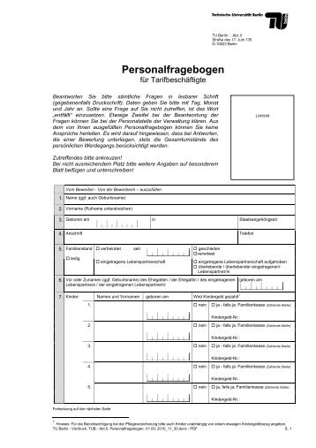 Personalfragebogen - der Personalabteilung - TU Berlin