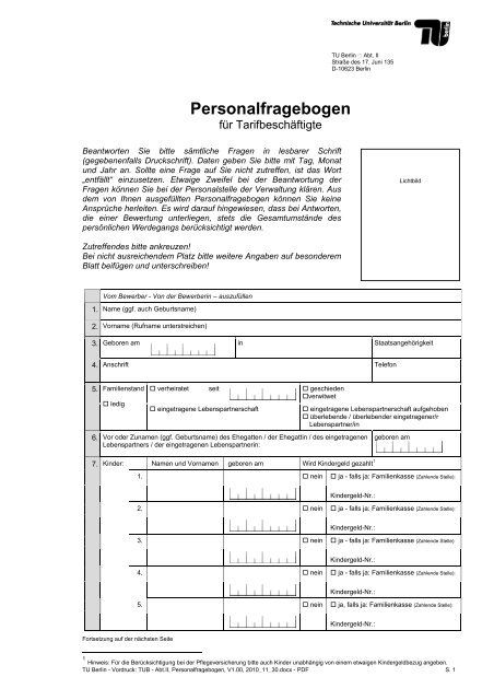 Personalfragebogen - der Personalabteilung - TU Berlin