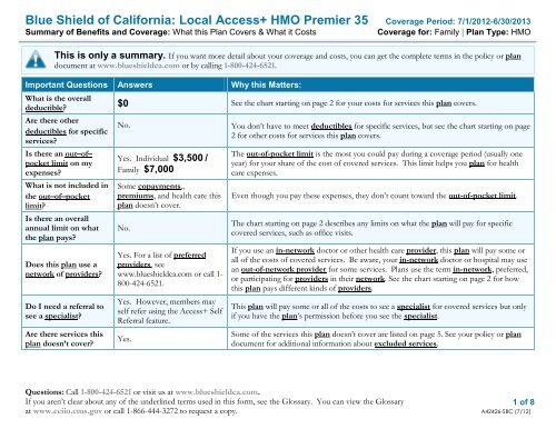 Blue Shield of California: Local Access+ HMO Premier 35 Coverage ...