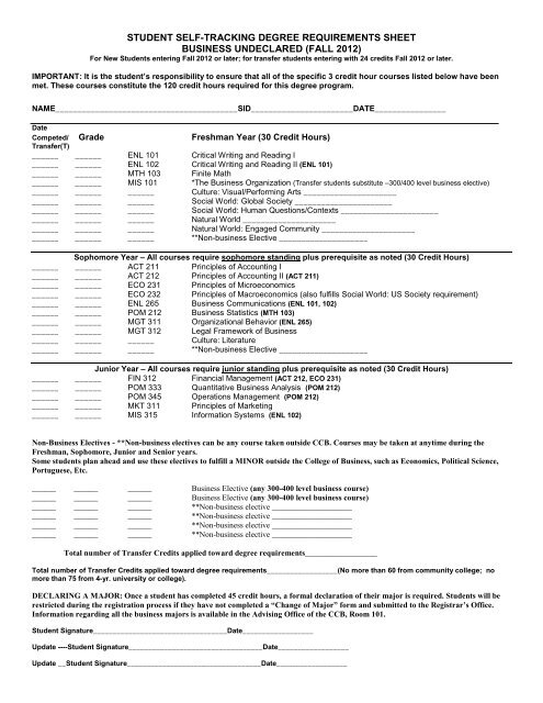 Business Undeclared Degree Requirements Sheet