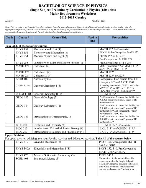 Single Subject Preliminary Credential in Physics - College of Natural ...