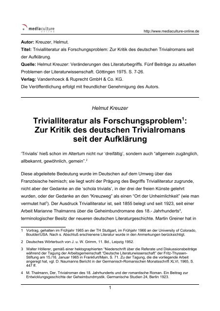 Trivialliteratur als Forschungsproblem1: Zur Kritik des deutschen ...