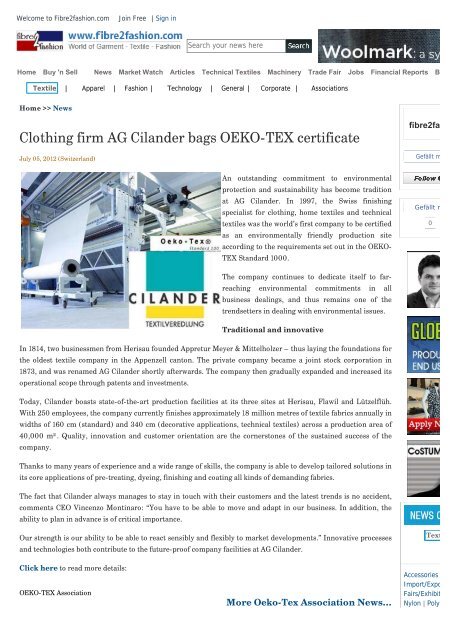 Clothing firm AG Cilander bags OEKO-TEX certificate