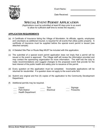 SPECIAL EVENT PERMIT APPLICATION - Village of Mundelein