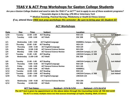 TEAS V & ACT Prep Workshops for Gaston College Students