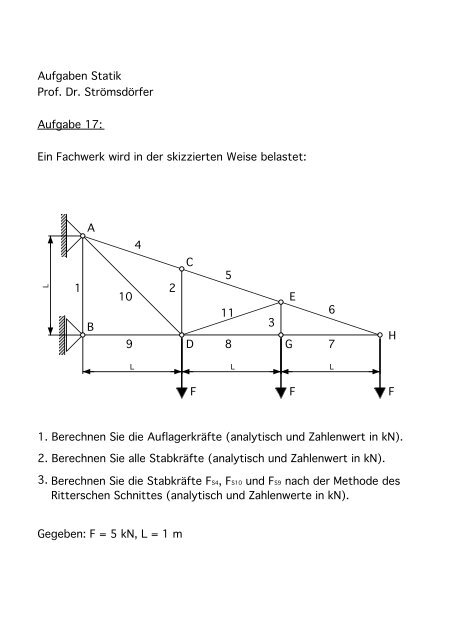 Aufgaben zur Vorlesung Prof. Dr.-Ing. G. StrÃ¶msdÃ¶rfer Statik WS ...