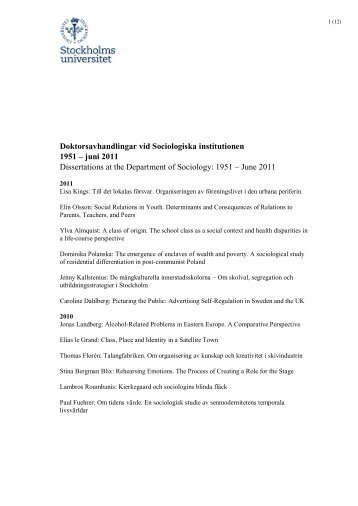 Doktorsavhandlingar vid Sociologiska institutionen 1951 – juni 2011 ...