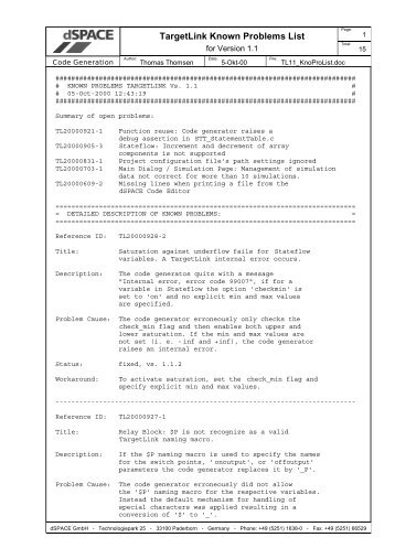 TargetLink Known Problems List - dSPACE