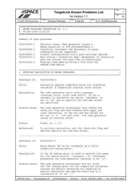 TargetLink Known Problems List - dSPACE