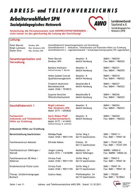 Adress- und Telefonverzeichnis - AWO Saarland