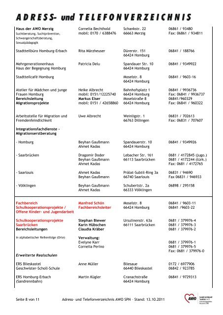 Adress- und Telefonverzeichnis - AWO Saarland