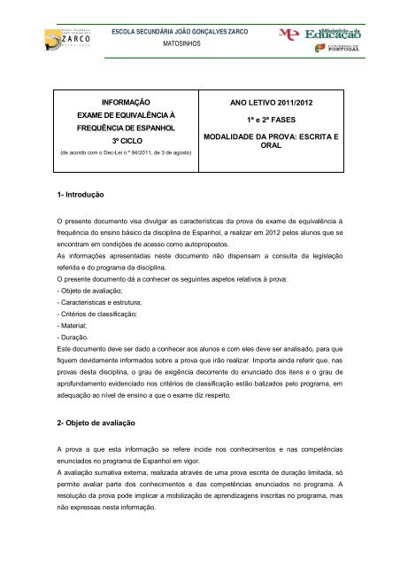 Matriz 9Ã‚Âº Espanhol.pdf - Escola JoÃƒÂ£o GonÃƒÂ§alves Zarco