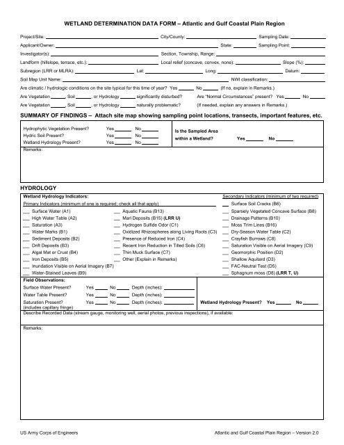 Atlantic & Gulf Coastal Plain Data Form Version 2 - U.S. Army Corps ...