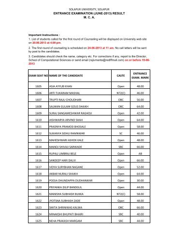 MCA entrance result - Solapur University