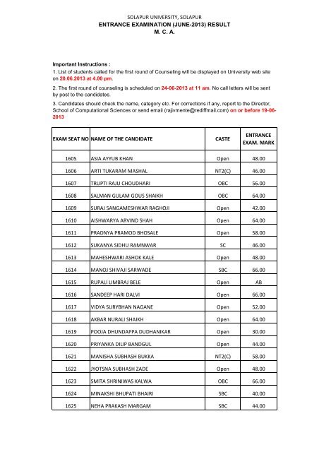 MCA entrance result - Solapur University