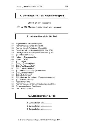 A. Lerndaten 10. Teil: Rechtswidrigkeit B. Inhaltsübersicht 10. Teil C ...