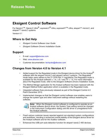 Eksigent Control Software Release Notes