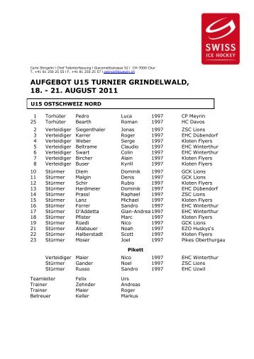 Aufgebot U15 Grindelwald 2011-2012 - Swiss Ice Hockey