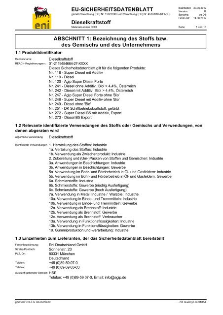 EU-SICHERHEITSDATENBLATT Dieselkraftstoff ... - Schmierstoffe