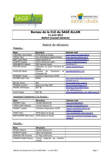 Compte-rendu du bureau de la CLE du 11/04/13 - EPTB SaÃ´ne Doubs