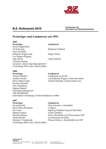 B.Z.-Kulturpreis 2010 Preisträger und ... - Axel Springer AG