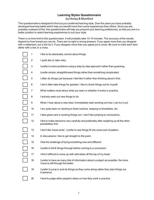 Honey And Mumford Learning Style Questionnaire Studies on 