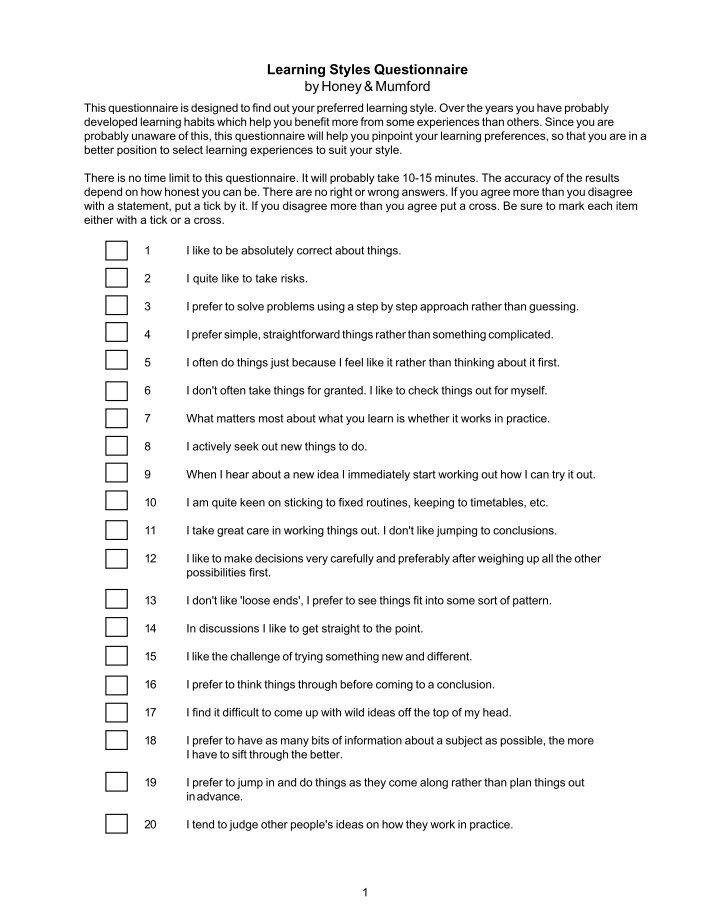 Learning Styles Questionnaire Directions Read the statements to