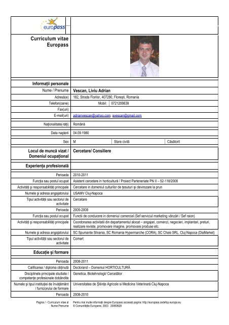 Curriculum vitae Europass - USAMV Cluj-Napoca