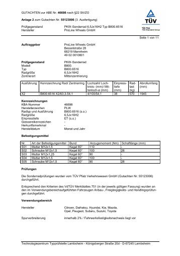 GUTACHTEN zur ABE Nr. 46698 nach Â§22 StVZO ... - autokola.cz