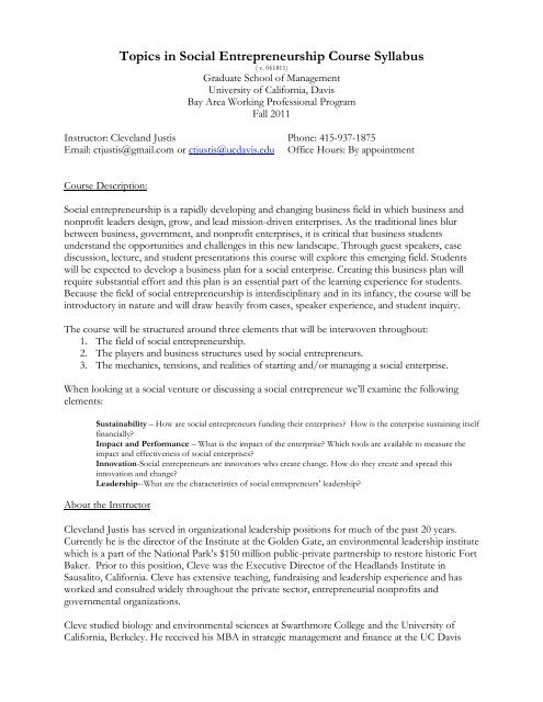 Social Entrepreneurship Syllabus 20110618 - Students - UC Davis