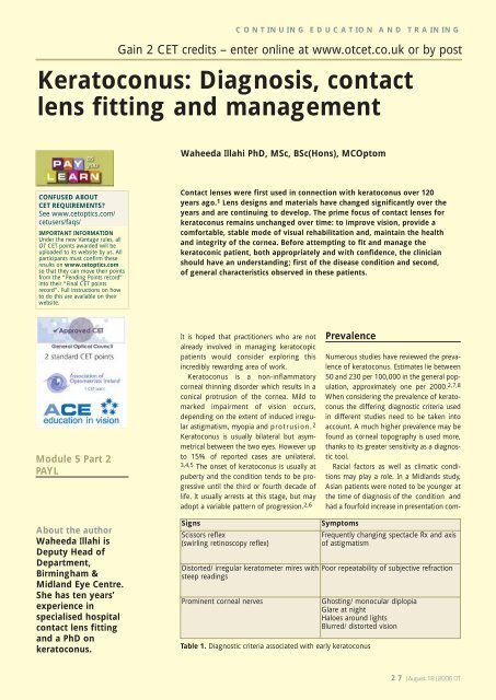 Keratoconus: Diagnosis, Contact Lens Fitting And Management