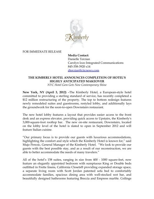 FOR IMMEDIATE RELEASE Media Contact - The Kimberly Hotel