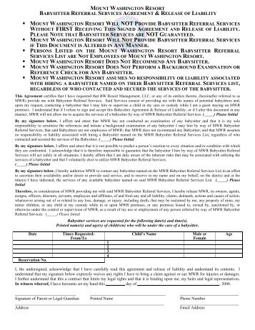 Babysitter Referral Agreement & Release Of Liability - Bretton Woods