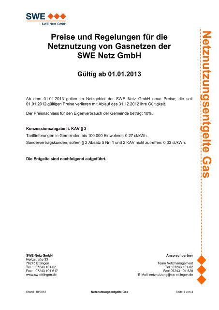Netznutzungsentgelte ab 01.01.2013 - Stadtwerke Ettlingen GmbH