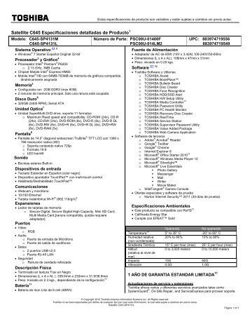 Satellite C645 Especificaciones detalladas de Producto1